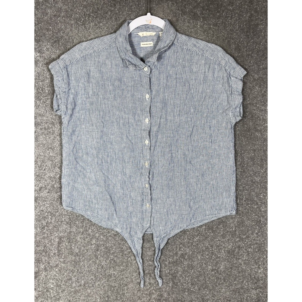 Weatherproof Vintage Washable Linen Button Up Top Womens Sz Medium Blue Tie Hem
